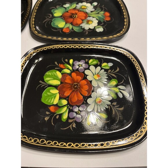 5 Vintage Zhostovo Soviet Russian Hand Painted Flowers Toleware Trays Yeha 8x6” - Picture 6 of 15